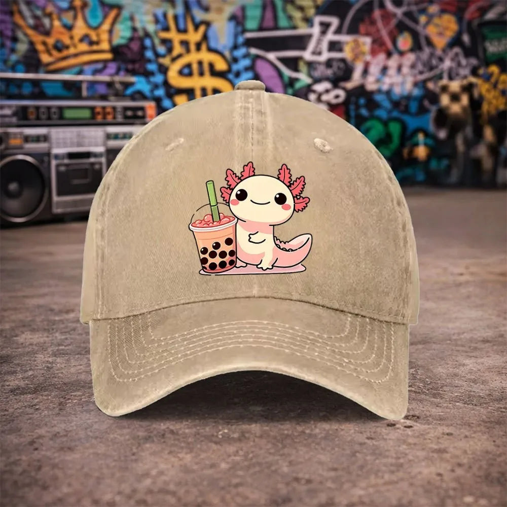 Cute Axolotl Bubble Tea Vintage Washed Baseball Cap