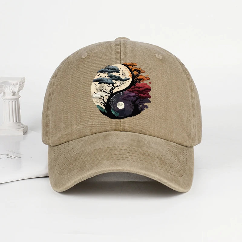 Washed Baseball Cap with Tai Chi Print Design