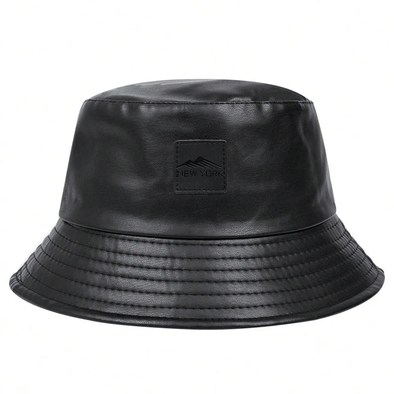 Unisex PU Leather Label Mountain Stamp Range Bucket Hats Fishermen Caps