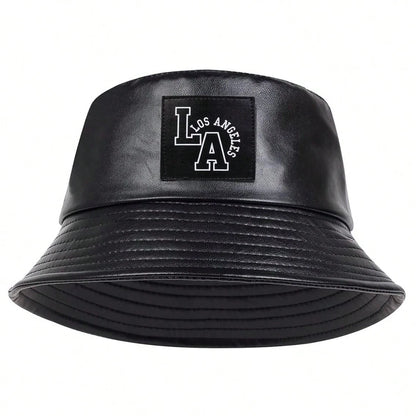 Unisex LA Letter Label Personality Pu Leather Bucket Hats