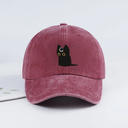 Cute Black Cat Print Washed Baseball Cap