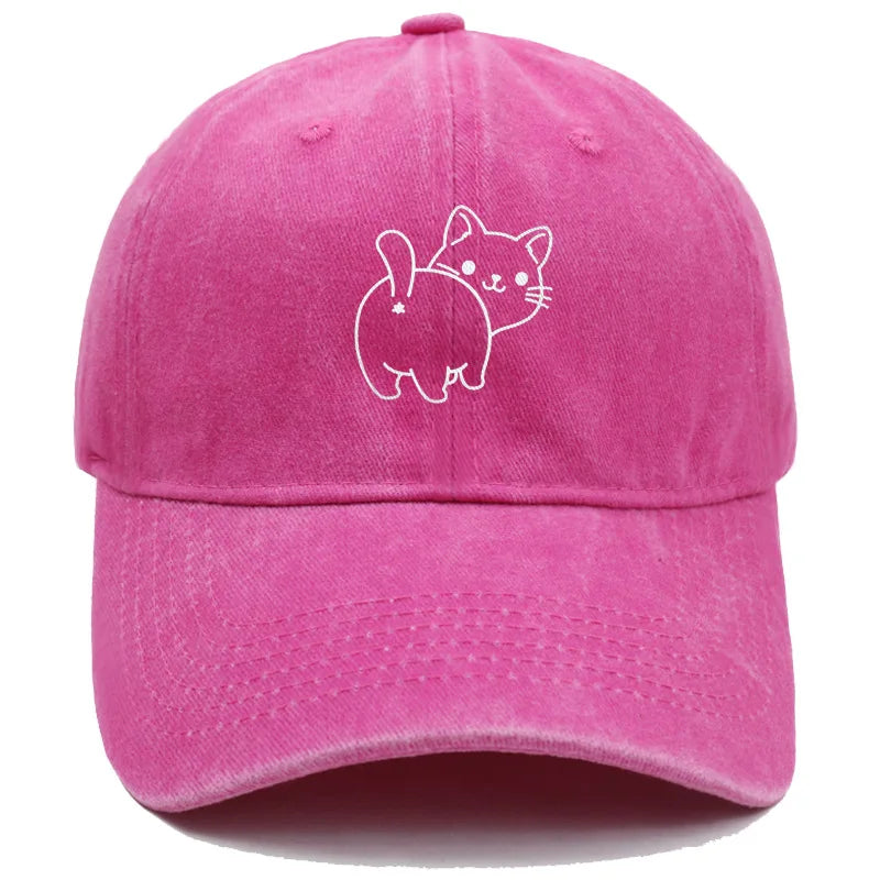 Cute Cat Butt Embroidered Washed Baseball Cap