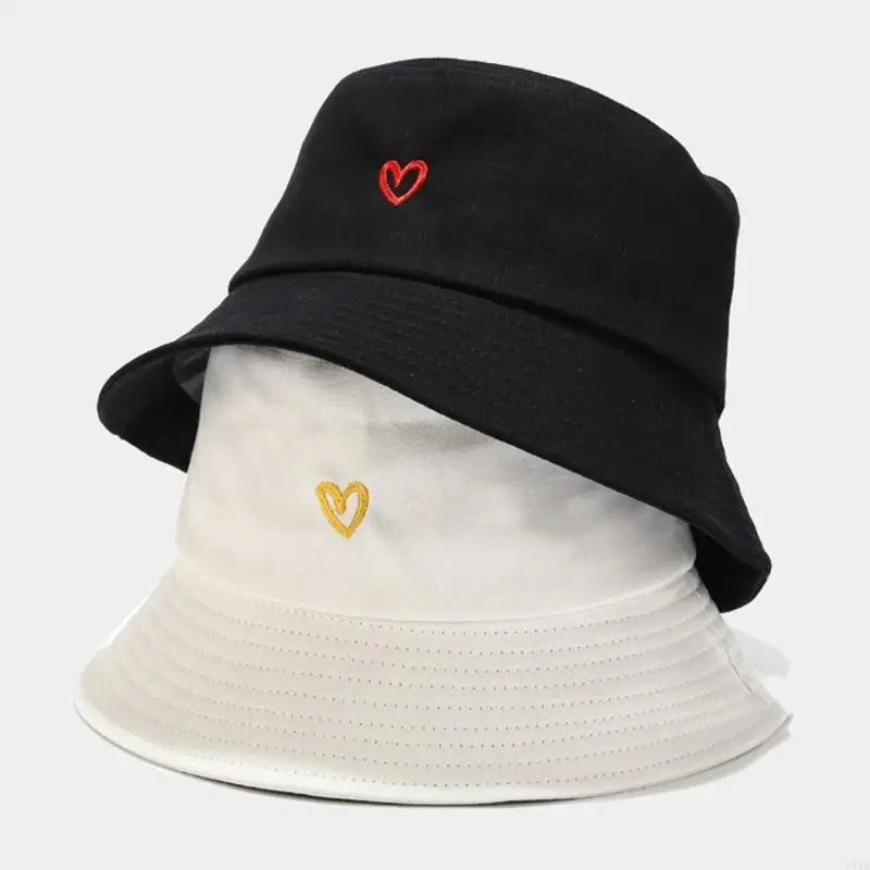 Stylish Bucket Hats With Heart Embroidery Ladies Girls Fashion Sun Hats