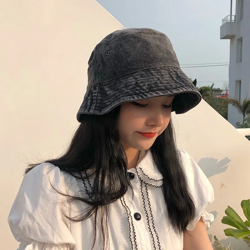 Washed Denim Bucket Hat for Women Men Retro Wide Brim Fisherman Cap