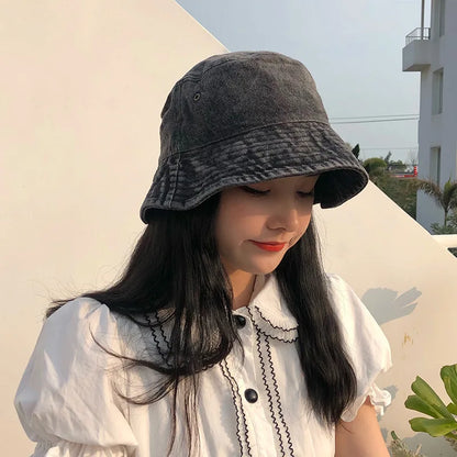 Washed Denim Bucket Hat for Women Men Retro Wide Brim Fisherman Cap