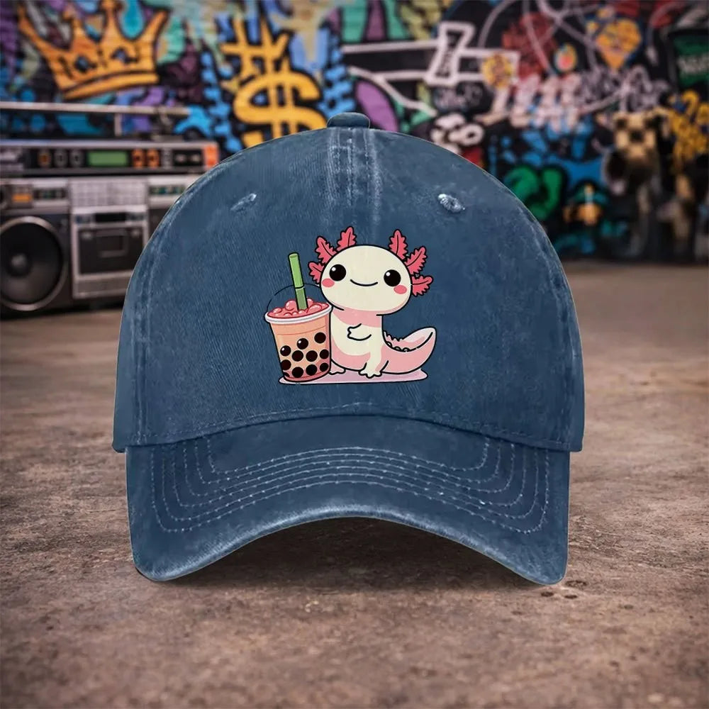 Cute Axolotl Bubble Tea Vintage Washed Baseball Cap
