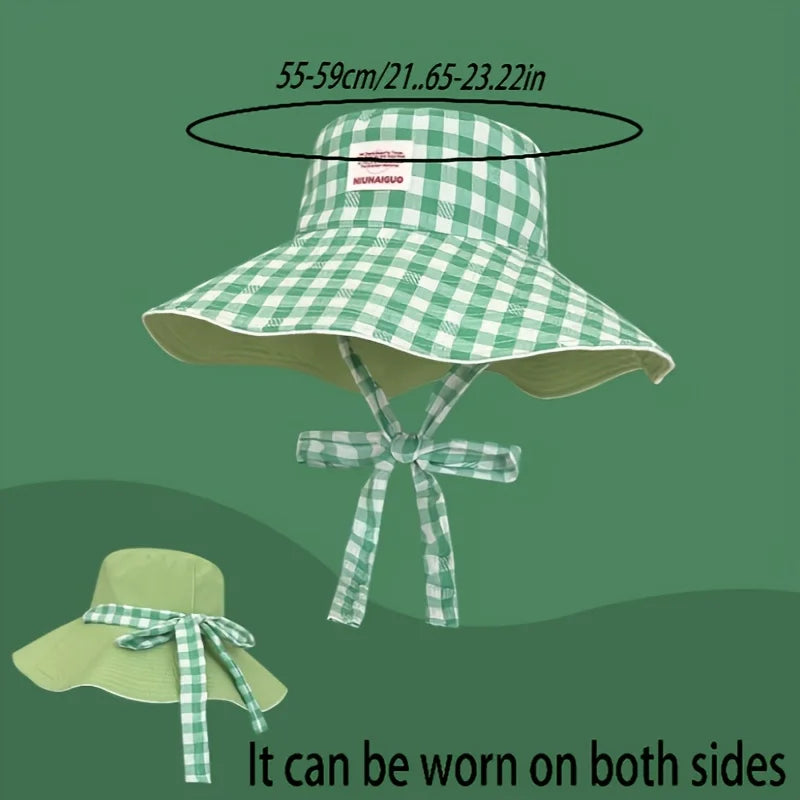 Plaid Fisherman Hat Trendy Seaside Beach Sunshade Hat Double-Sided