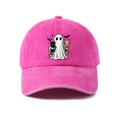 Vintage Washed Ghost Black Cat Coffee Graphic Baseball Cap