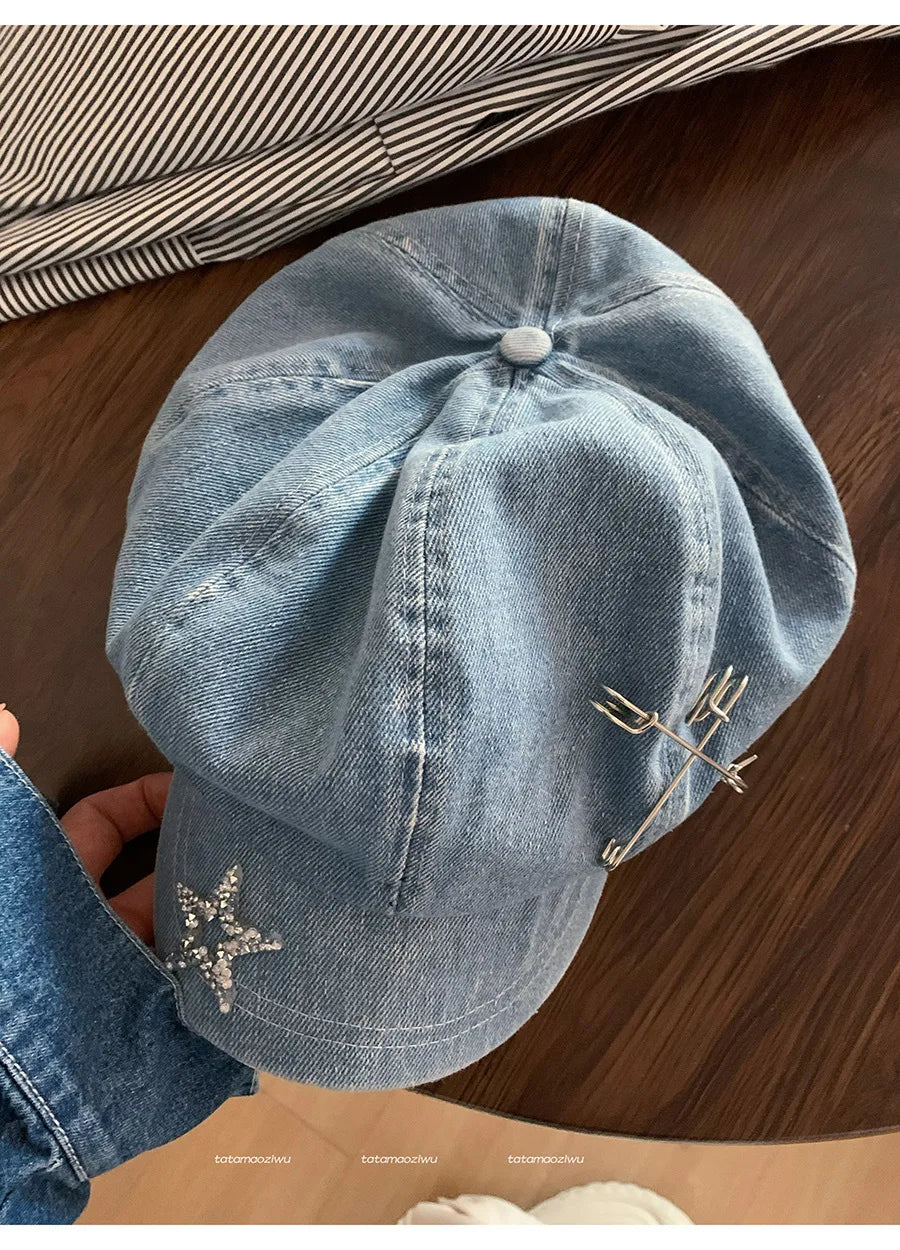 Spring and Summer Big Head Flash Diamond Star Pin Denim Beret Hat