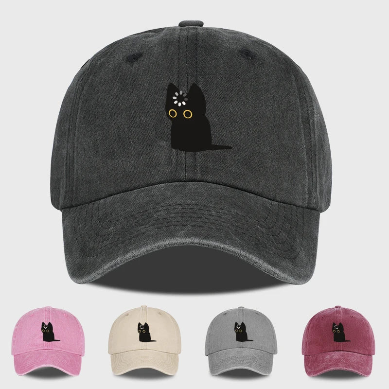 Cute Black Cat Print Washed Baseball Cap