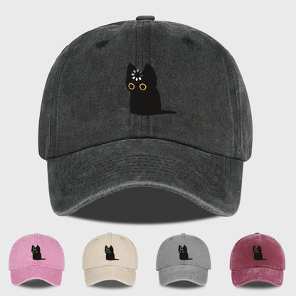 Cute Black Cat Print Washed Baseball Cap