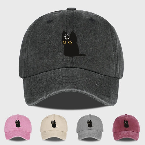 Cute Black Cat Print Washed Baseball Cap