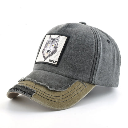 Vintage Denim Baseball Cap With Embroidery Wolf Patch Men Women