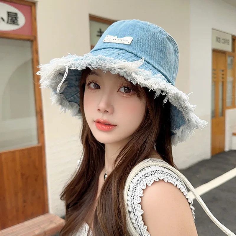 New Summer Washed Denim Blue Bucket Hat
