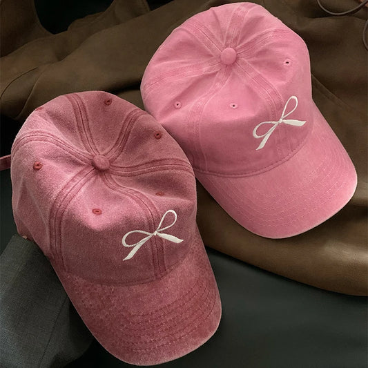 Pink Bow Baseball Cap For Women Y2K Korean Washed Denim Snapback Hat