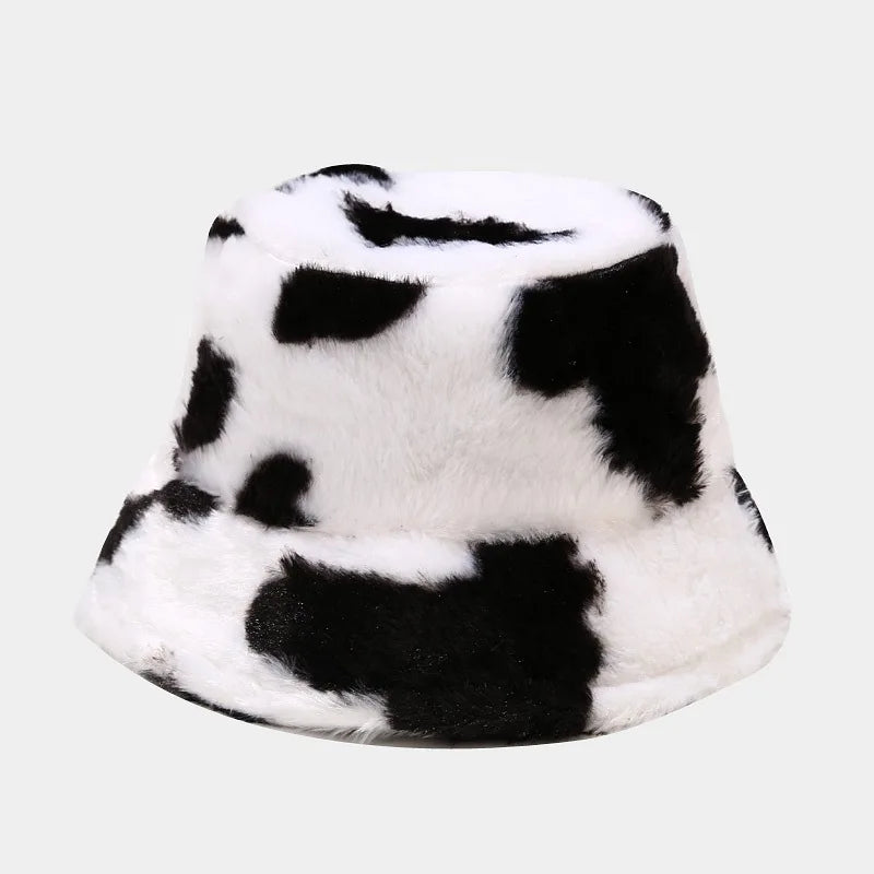 Panda Print Faux Fur Bucket Hat Winter Cap For Women Men