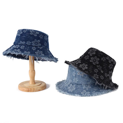 Sunscreen Denim Basin Hat Casual Wind Floral Burr Edge Versatile Bucket Hat