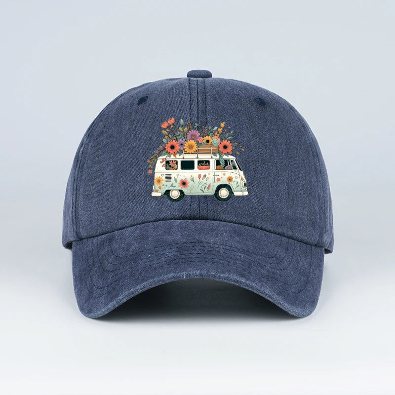 Vintage Floral Van Print Washed Baseball Cap