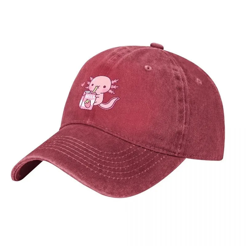 Cute Axolotl Drinking Milk Washed Denim Baseball Cap