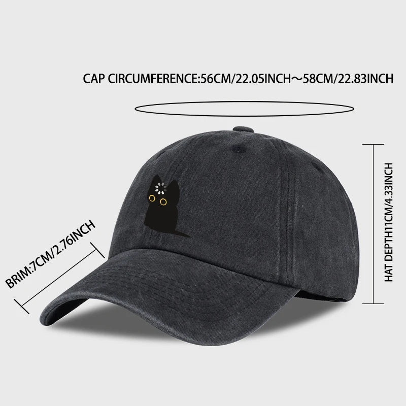 Cute Black Cat Print Washed Baseball Cap