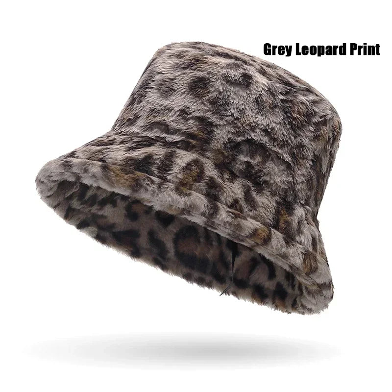 New Autumn and Winter Lady Thick Warm Skin-Friendly Soft Plush Bucket Hat Leopard Print Bucket Hat