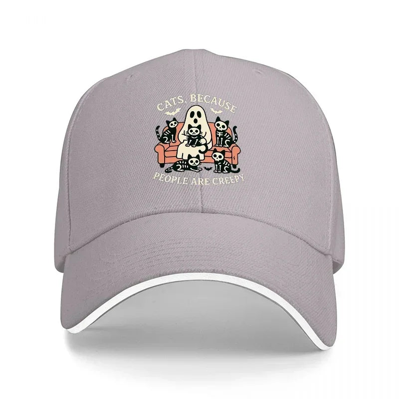 CATS BECAUSE PEOPLE ARE CREEPY BASEBALL CAP WITH GHOST AND SKULL