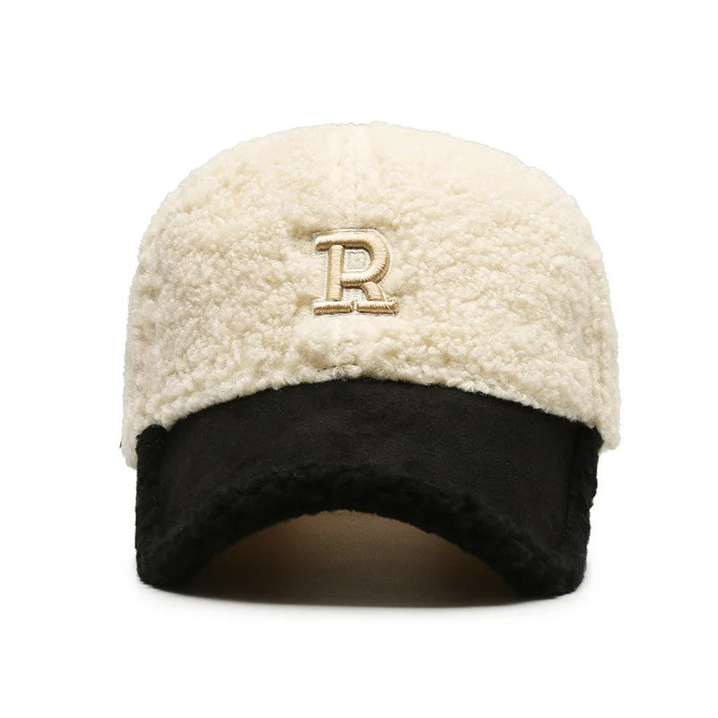 Trendy Big Letter Embroidery Men Winter Hats White Brown Lambswool Baseball Cap For Women