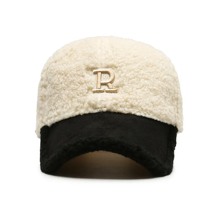Trendy Big Letter Embroidery Men Winter Hats White Brown Lambswool Baseball Cap For Women