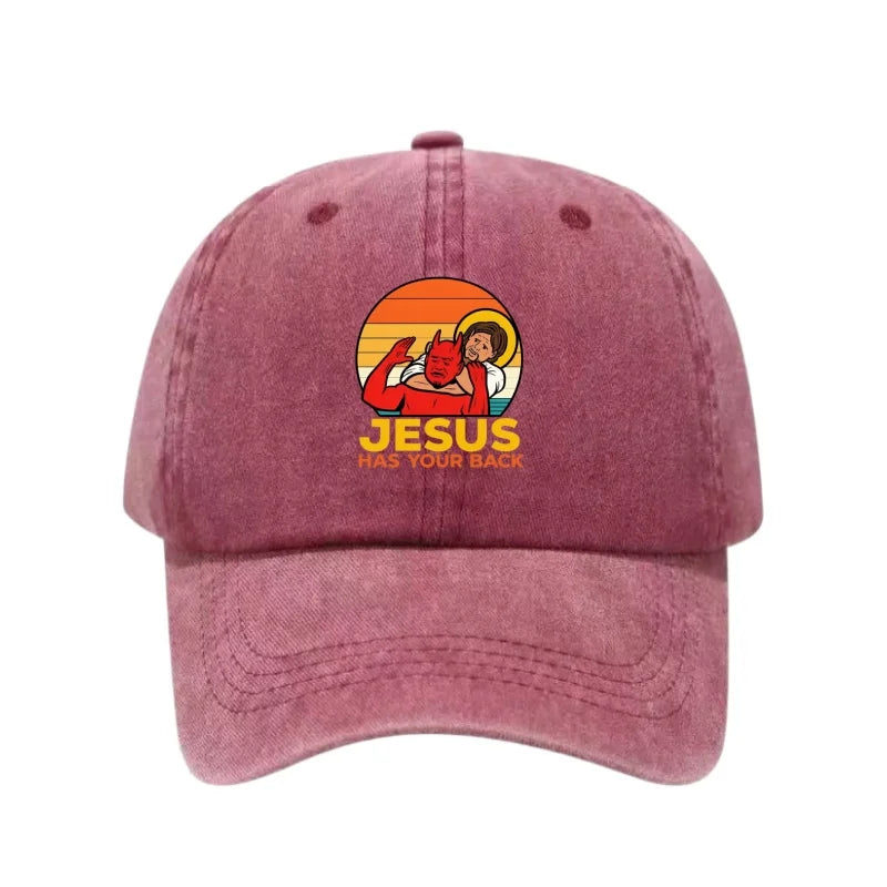 JESUS HAS YOUR BACK Printed Washed Cotton Adjustable Baseball Cap