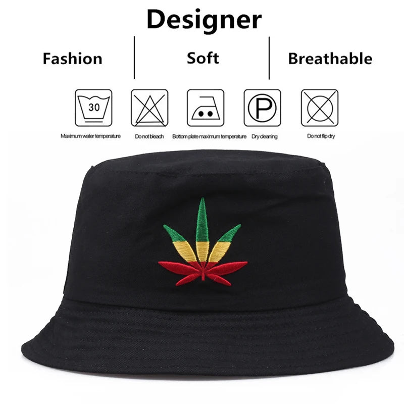 Maple Leaf Embroidery Bucket Hat Unisex Simple Bob Caps Hip Hop Gorros Men Women