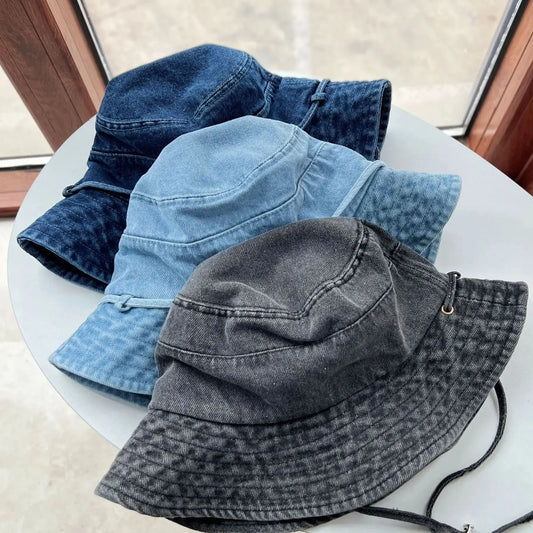 Retro Washed Cotton Denim Bucket Hat Unisex Fisherman Cap For Women/Men, Spring/Autumn Sunshade Vintage Distressed New Casual