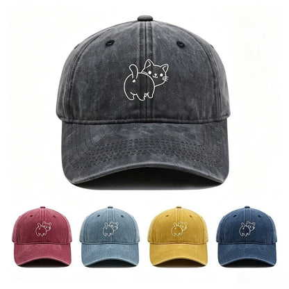Cute Cat Butt Embroidered Washed Baseball Cap