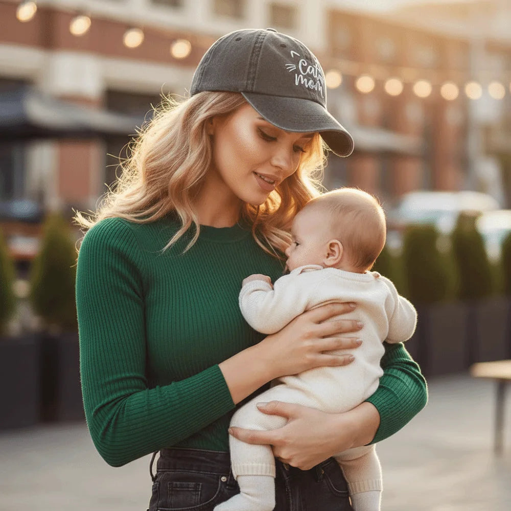 Cat Mom Embroidered Washed Cotton Baseball Cap