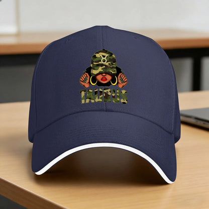 Taurus Queen Black Woman with Cap Camo Sun Baseball Cap