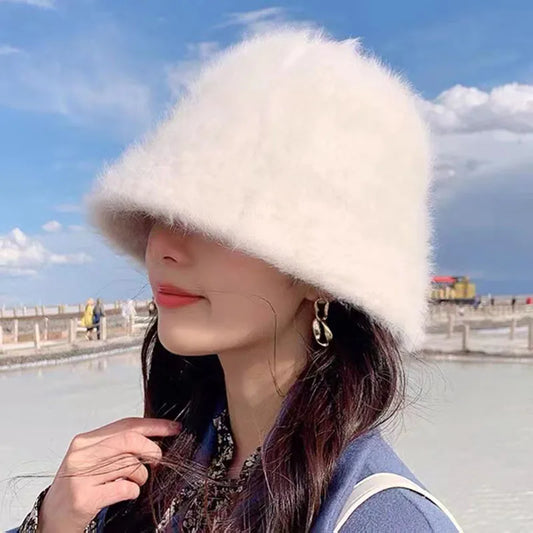 New Hat Winter Women's Fashion Solid Color Rabbit Fur Hat Bucket Cap