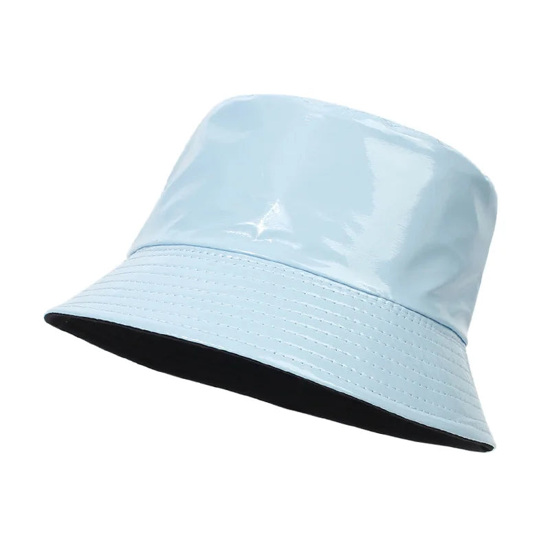 Fashion Shiny Hip-Hop Bucket Hat For Women Men PU Leather Waterproof Panama Cap