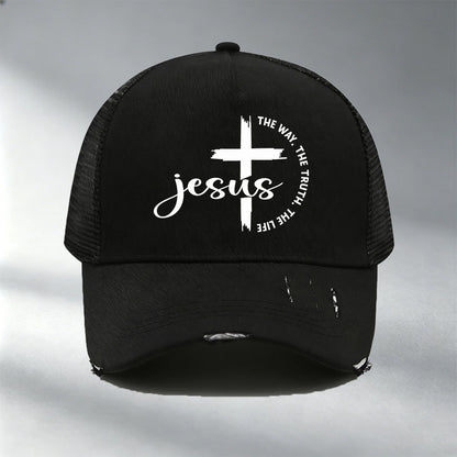 Christian Jesus Cross Print Color Block Mesh Baseball Cap