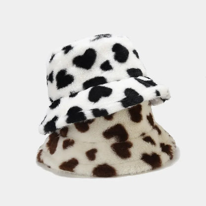 Winter Heart Print Faux Fur Fluffy Bucket Hat Women Outdoor Warm Hats