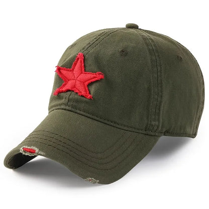 Vintage Distressed Baseball Cap with Red Star Embroidered Patch Ladies Cotton