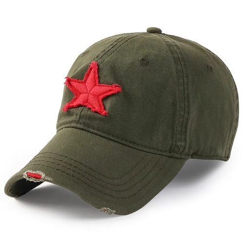 Vintage Distressed Baseball Cap with Red Star Embroidered Patch Ladies Cotton