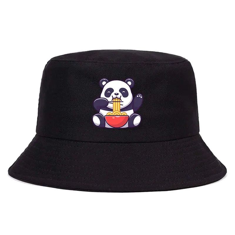 Panda Eating Noodles Pattern Reversible Bucket Hat