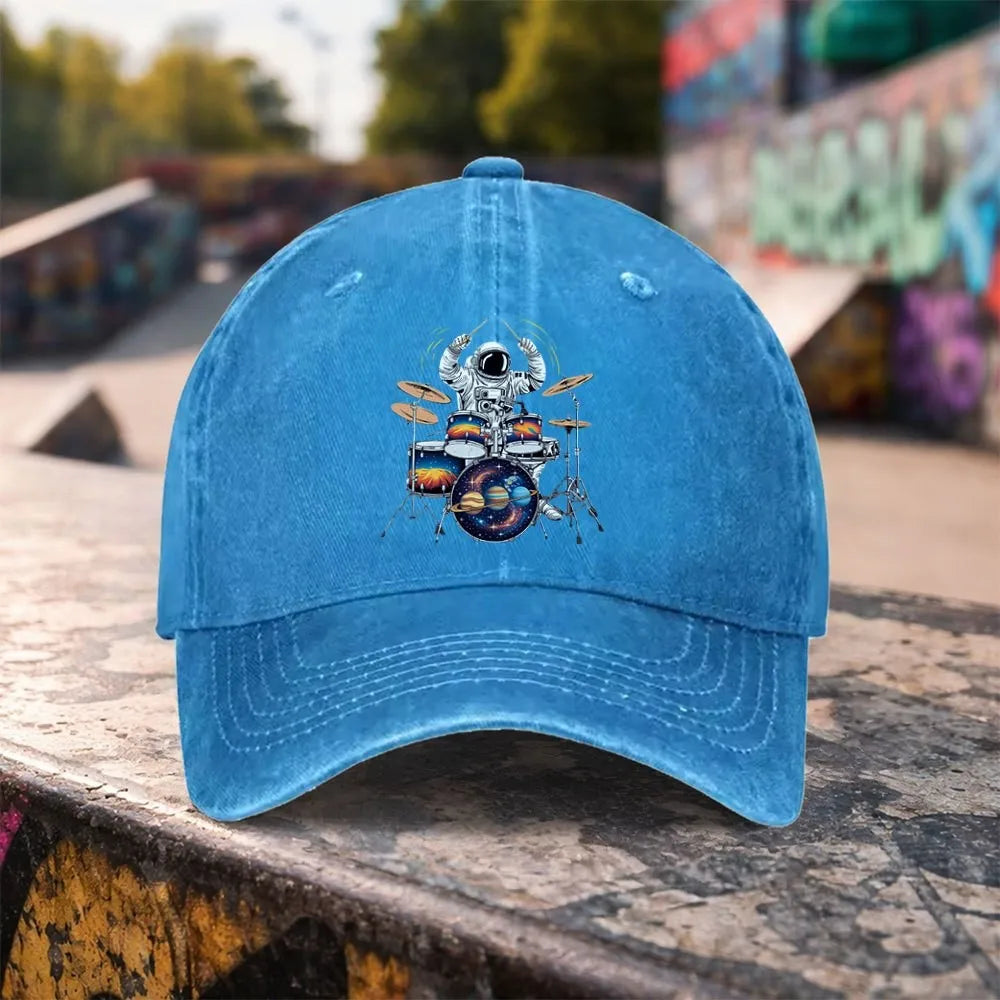 Astronaut Drummer Graphic Washed Baseball Cap