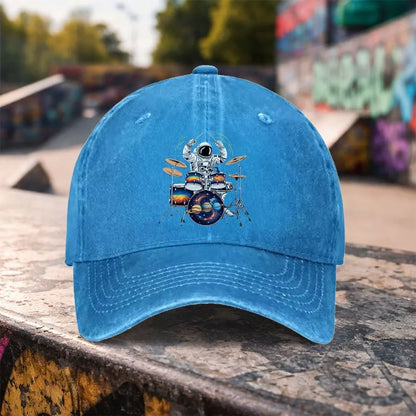 Astronaut Drummer Graphic Washed Baseball Cap
