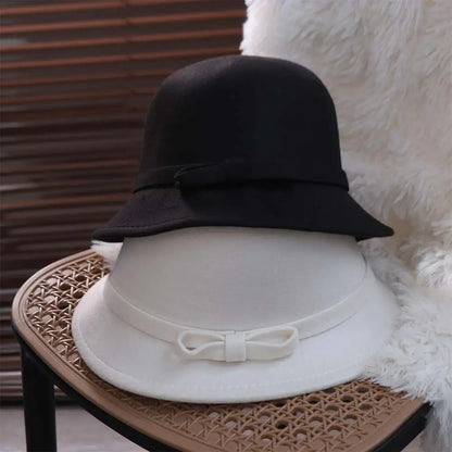 Trendy French Style Bow Tweed Hat Autumn Winter Hepburn Women's Bow Hat Bucket Cap