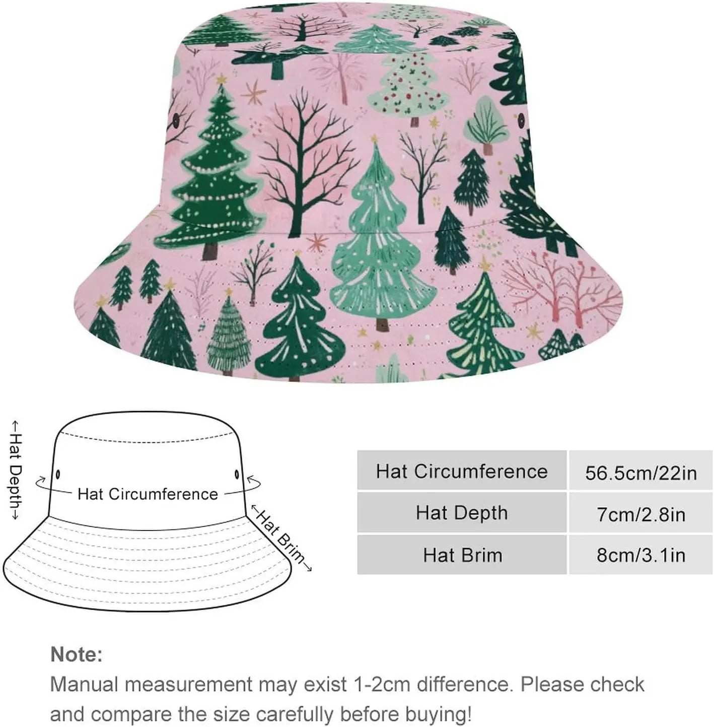 Bucket Hat  Pink Green Xmas Tree Bucket Hats Christmas Forest Trees