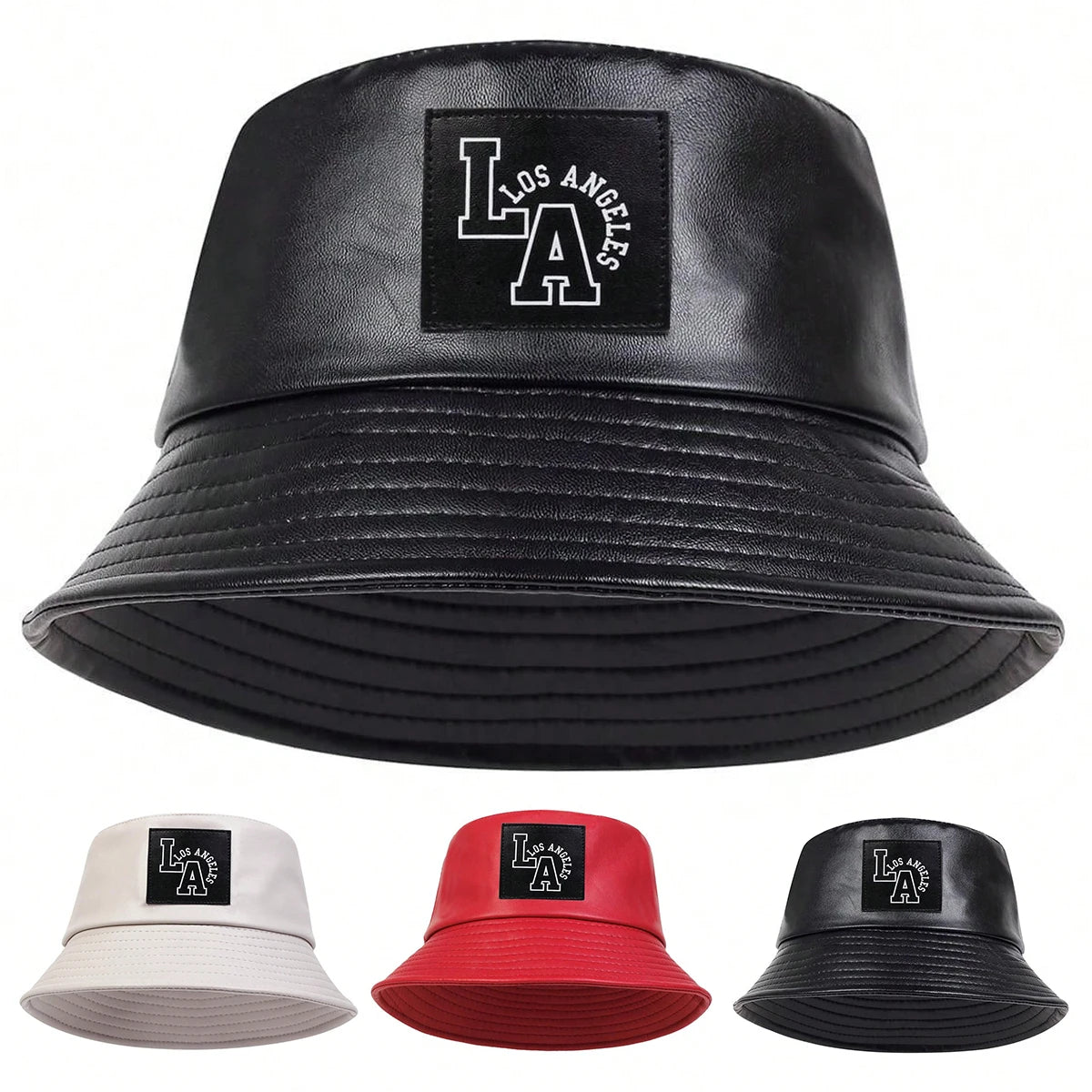 Unisex LA Letter Label Personality Pu Leather Bucket Hats