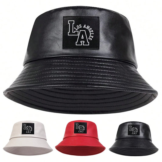 Unisex LA Letter Label Personality Pu Leather Bucket Hats