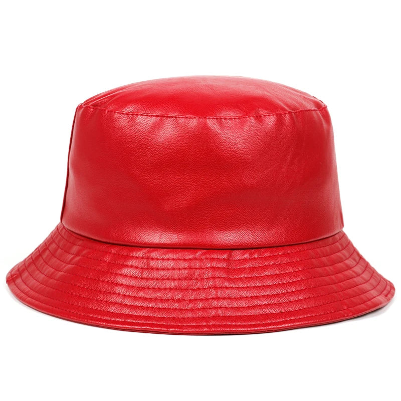 Bucket Hat Faux Leather Bucket Hats PU Leather Solid Top Men's And Women's