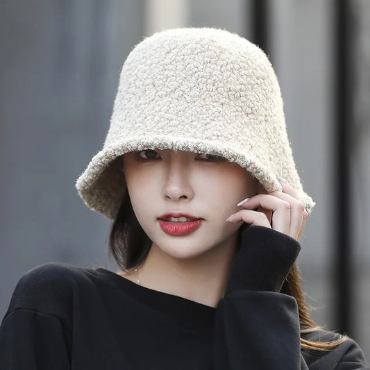 winter bucket hat womens thick warm ear protection hat French wool
