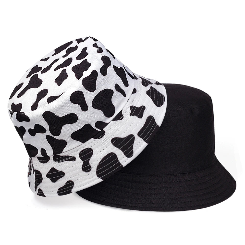 Unisex Cow Print Double-side Personality Bucket Hats Fishermen Caps